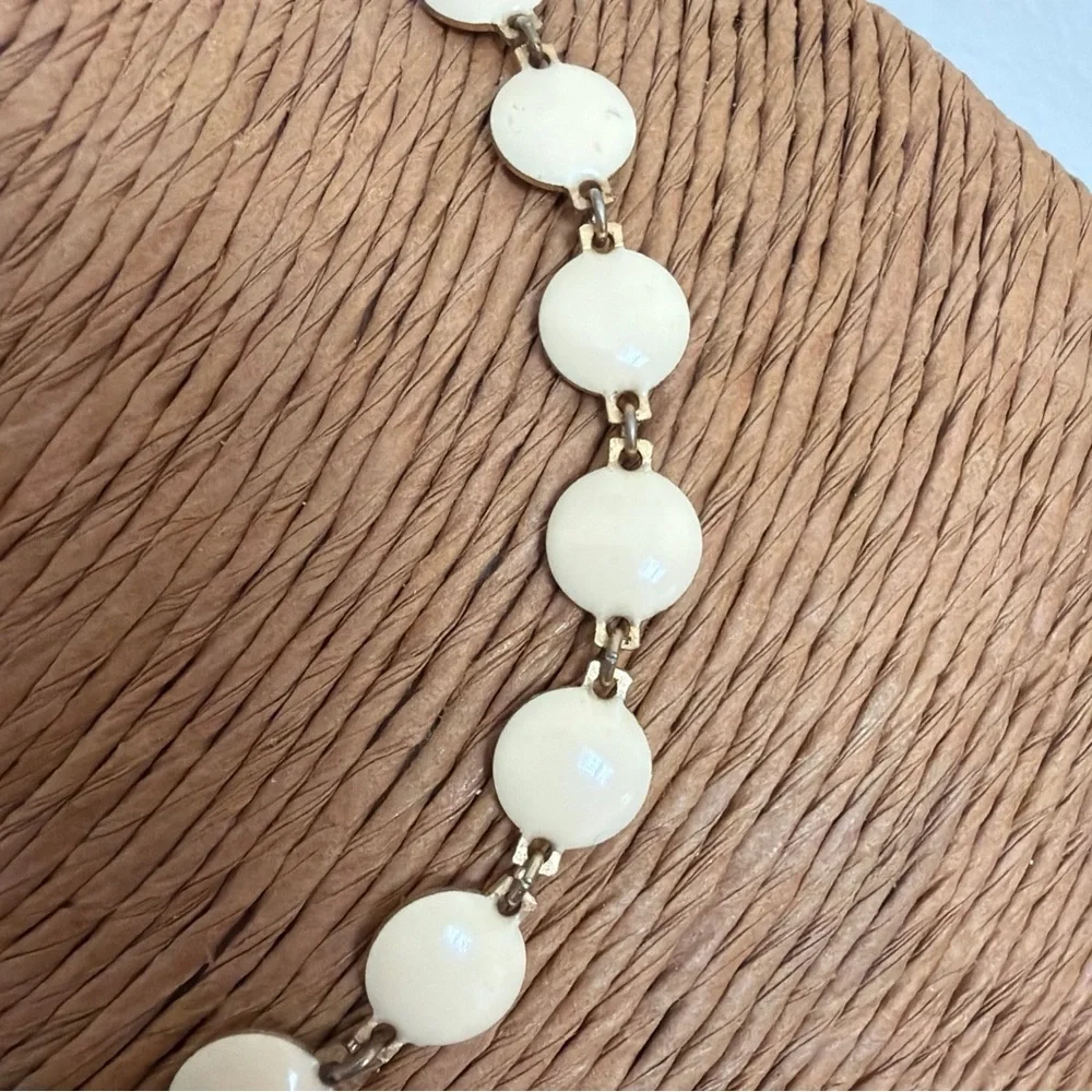Vintage Enamel Link Necklace Goldtone Cream Ivory Colored Discs 15 Inches